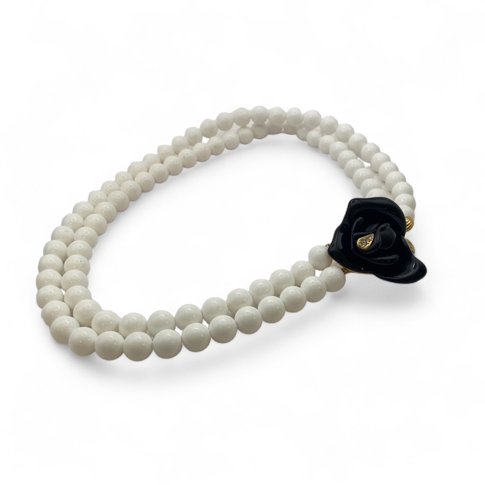 Kenneth Jay Lane for Avon White Lucite Beaded Necklace with Black Flower Clasp